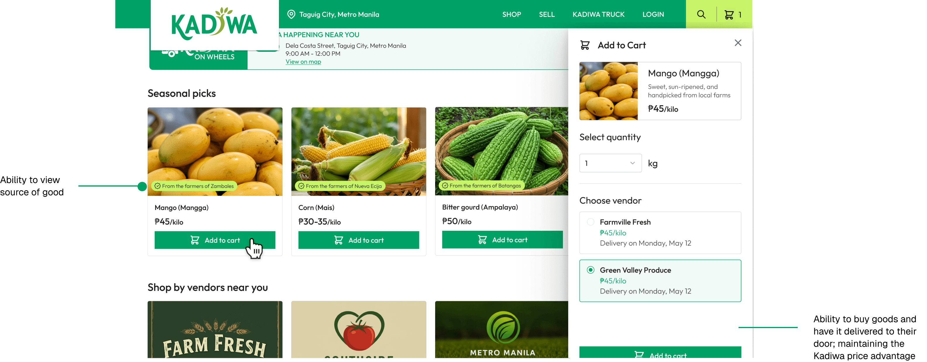 Kadiwa marketplace interface showing seasonal produce with add-to-cart functionality and annotations highlighting the ability to view product sources and purchase goods for delivery at Kadiwa pricing.