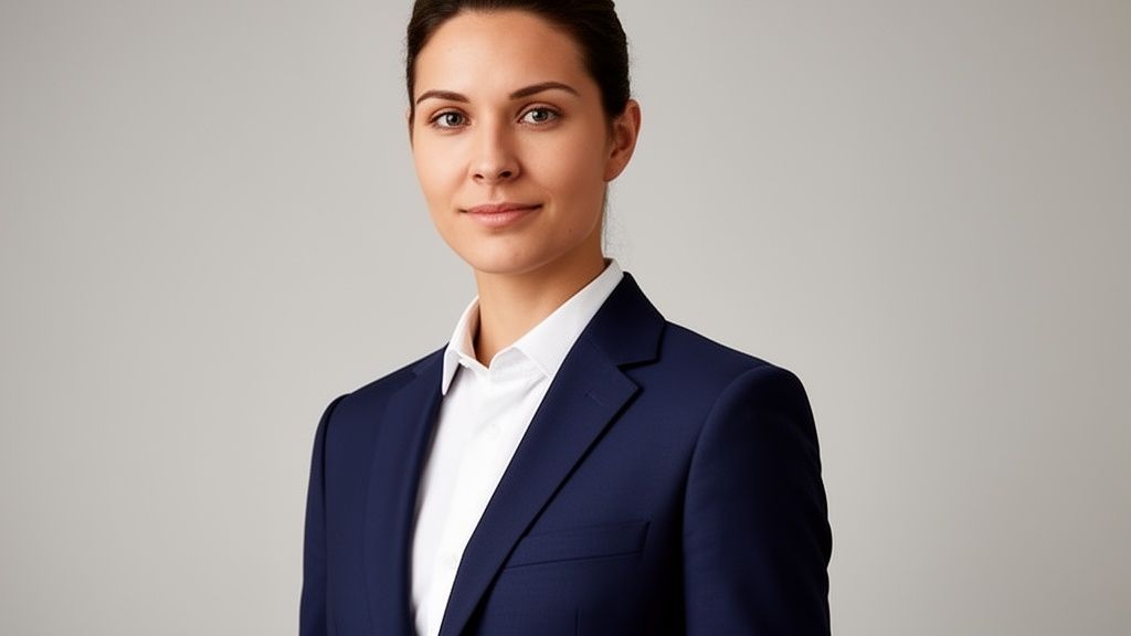 Professionelle junge Frau im dunkelblauen Anzug und weißem Hemd, blickt freundlich in die Kamera.