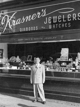 Julius Krasner outside Krasner's Jewelers in downtown San Diego, 1943