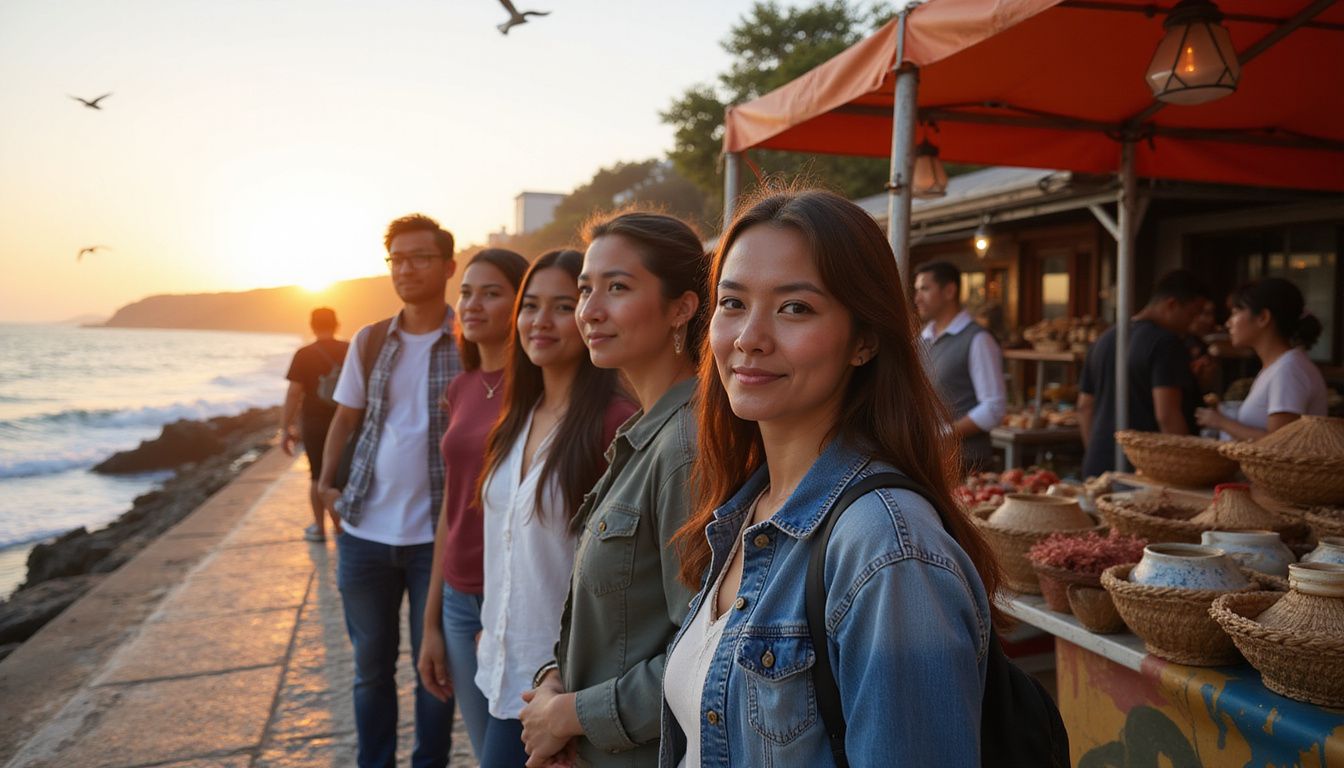 Tourists enjoy a sunset on a stone promenade in Miraflores.