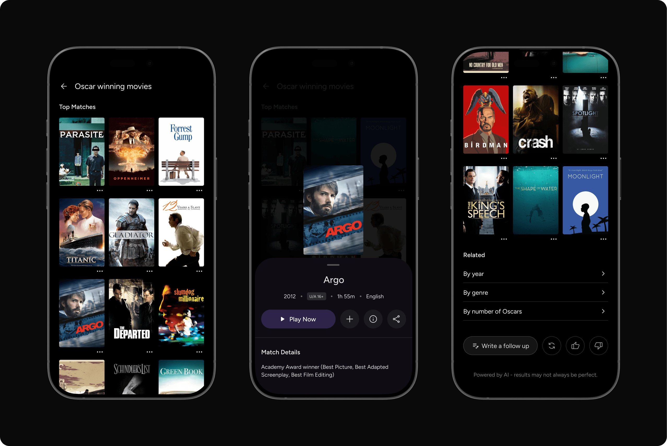 Three mobile screens showing AI-powered search results for “Oscar winning movies,” including top award-winning titles, a detailed metadata view for Argo with award information, and related filtering options by year, genre, and number of Oscars