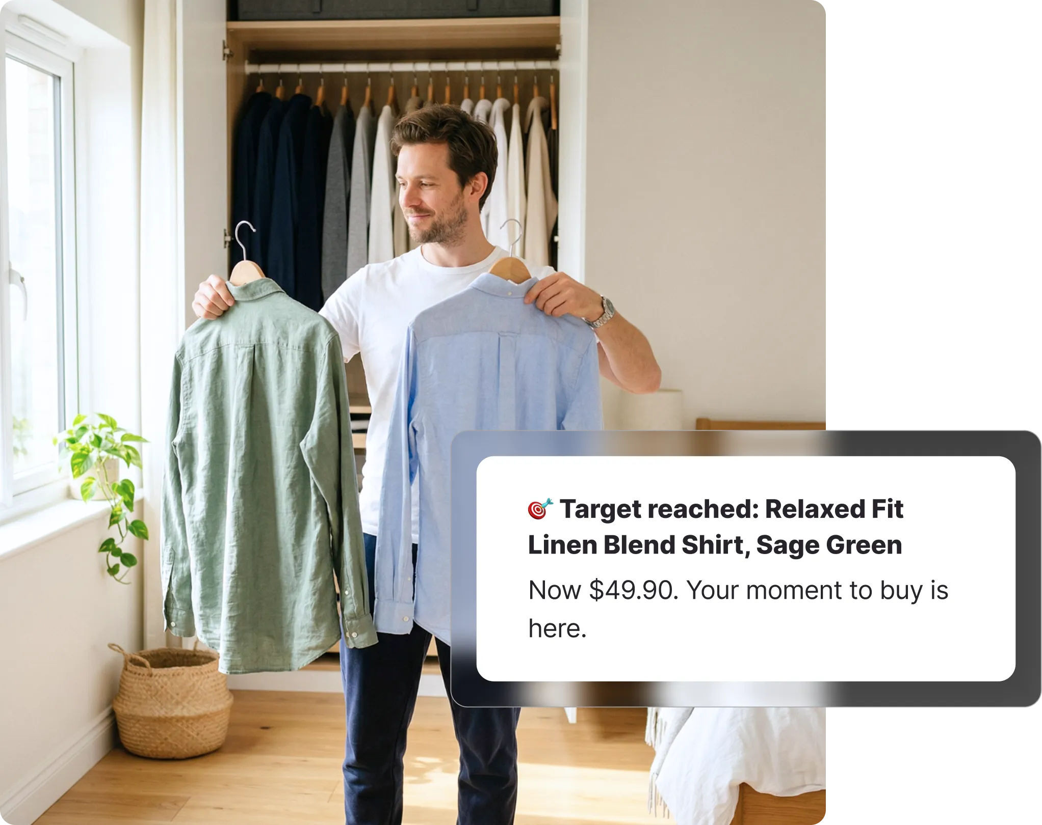 Man holding up two Uniqlo-style shirts in front of an open wardrobe, receiving a target price notification for a linen shirt on Whisprice.