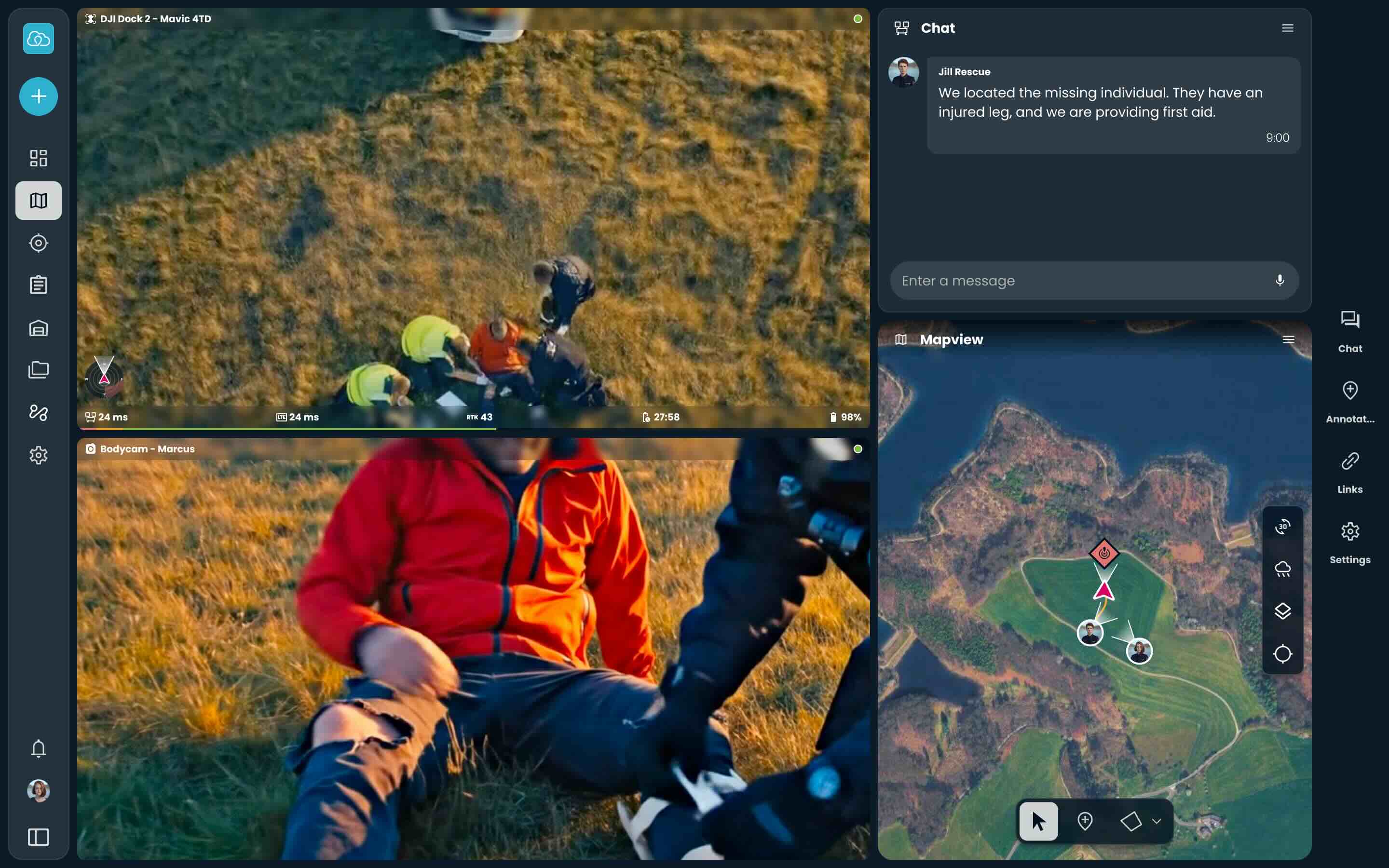 AirHub drone software collaboration screen showing live drone feed, bodycam footage, built-in chat, and map view during a search and rescue operation