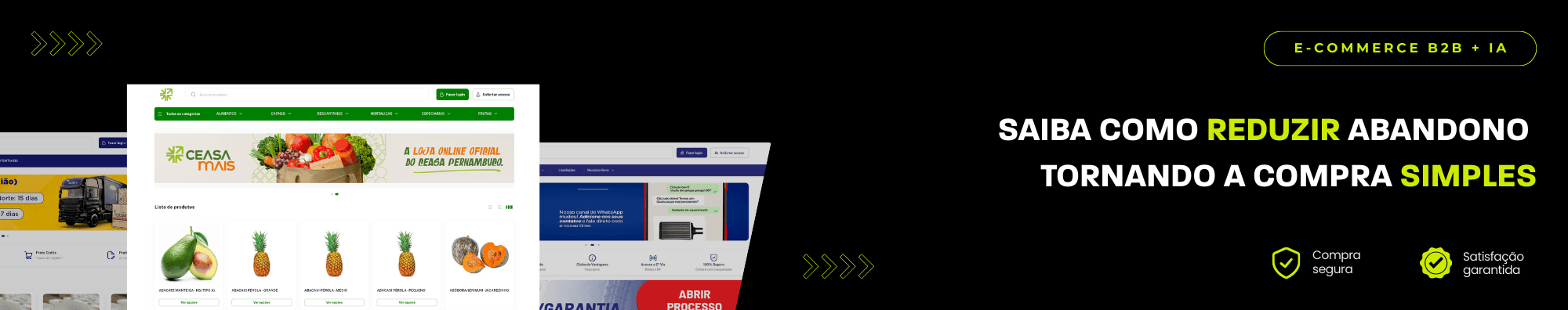 Banner horizontal com fundo escuro, ícones de segurança e satisfação, e imagens de lojas B2B exibidas à esquerda. Elementos gráficos em verde destacam o tema de e-commerce B2B com IA.