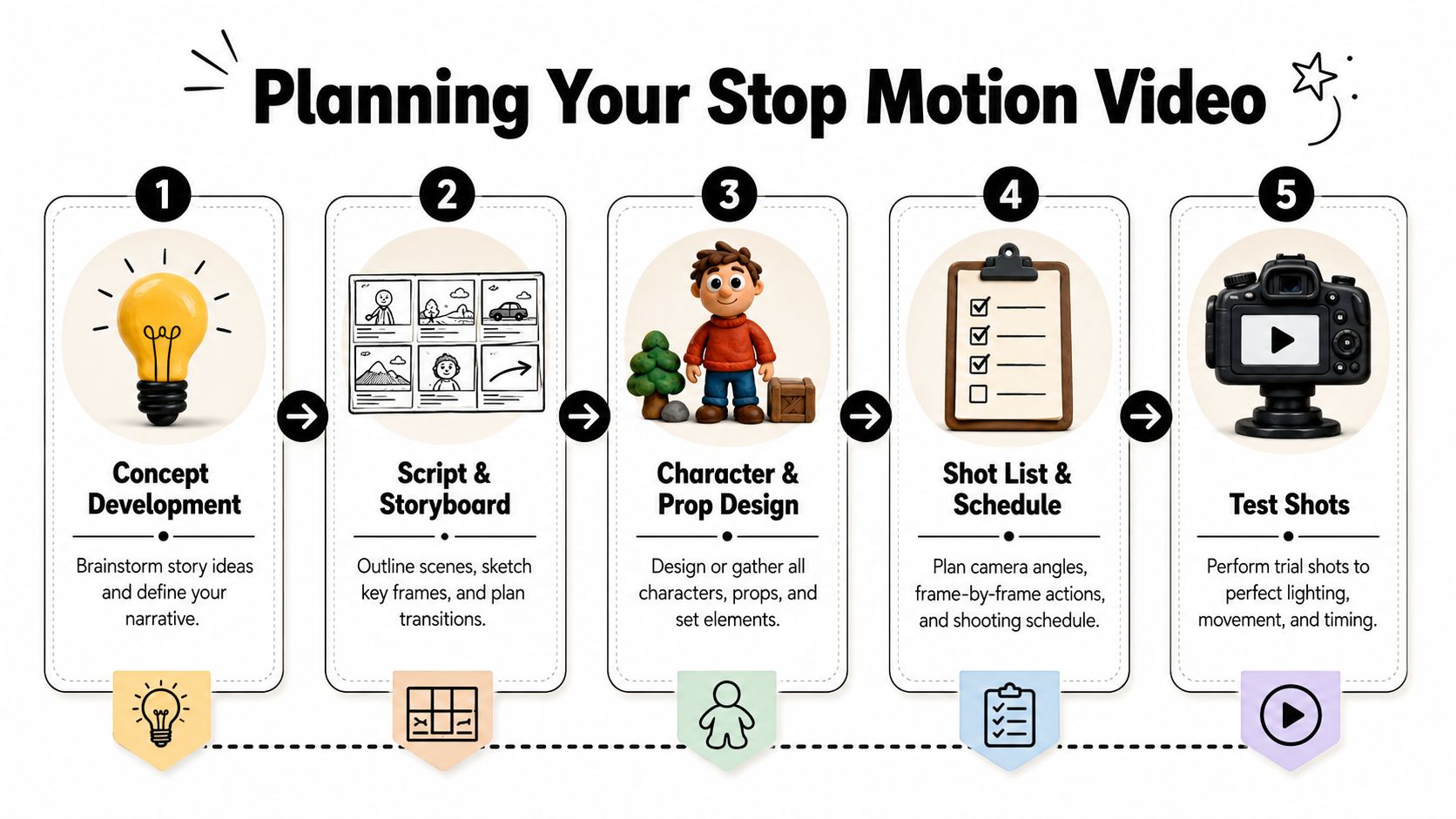 An infographic detailing five essential steps to plan a stop motion animation video from concept to testing.
