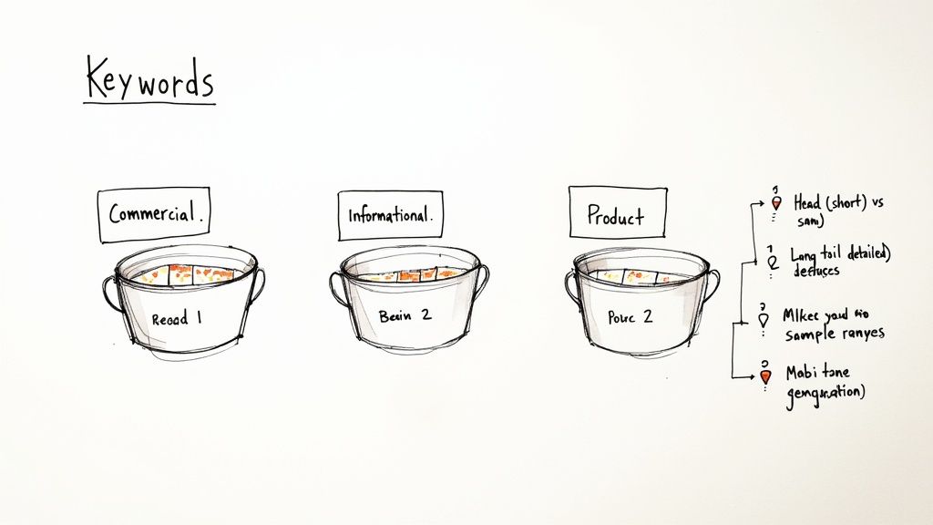 Diagram showing three keyword intent buckets: commercial, informational, and product with strategic organization notes