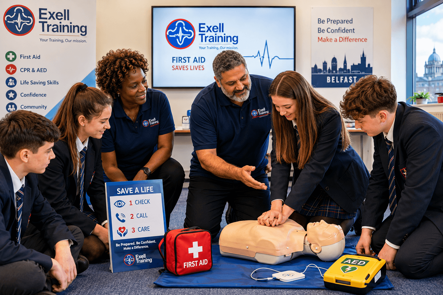 A person performing CPR on a CPR Dummy. Two other people supervising and watching