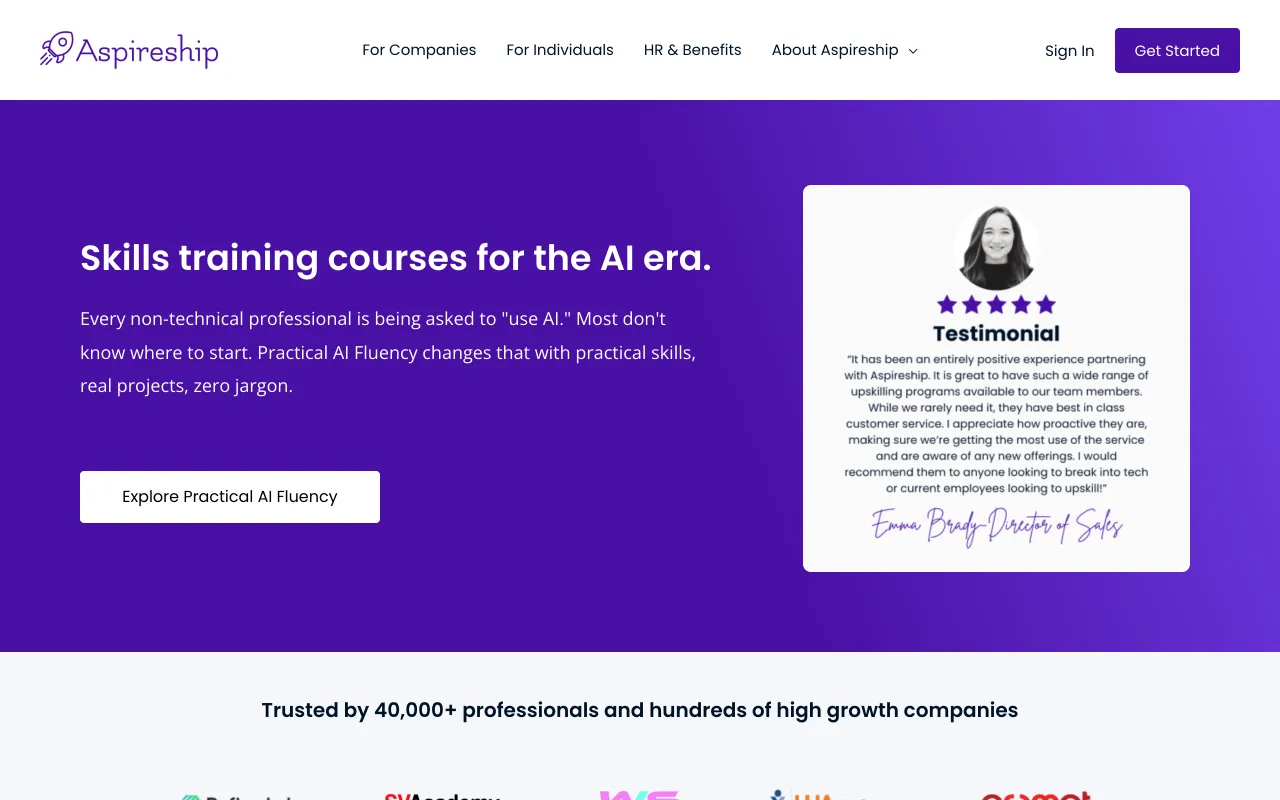 Aspireship homepage, SaaS Sales Foundations certification and job placement