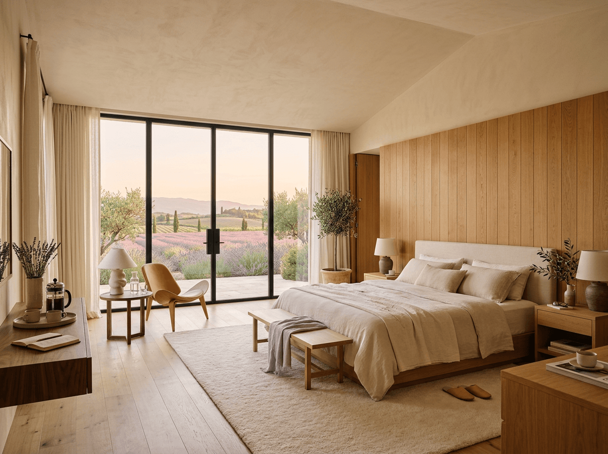 Serene Provence suite bedroom with oak headboard wall and floor-to-ceiling lavender fields view at dawn.
