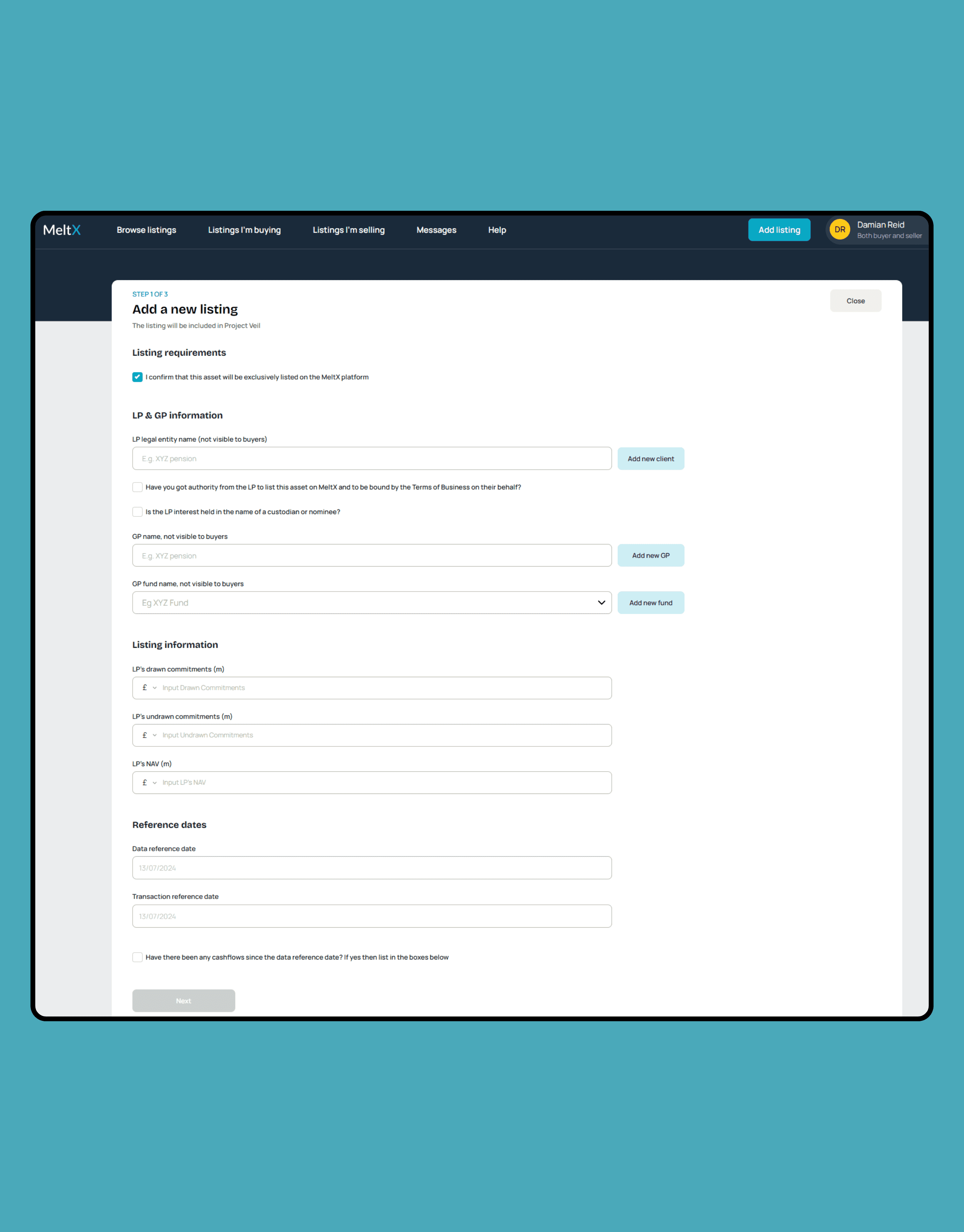 MeltX New Listing Screen