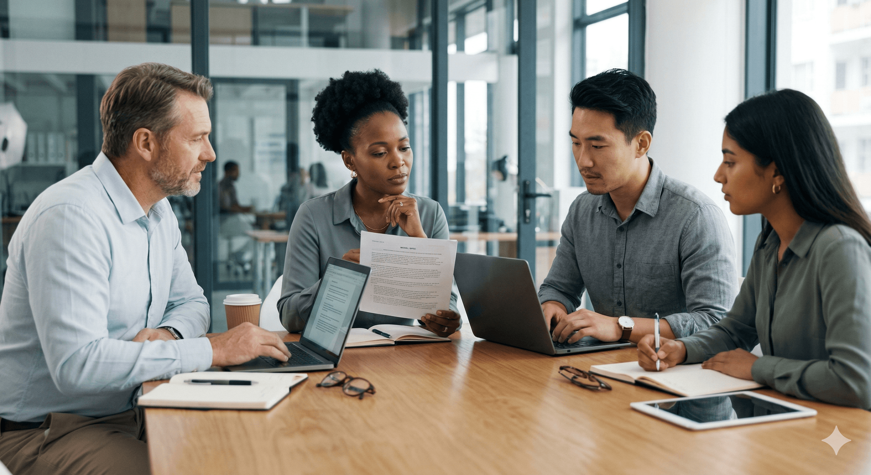 The image shows a diverse group of four business professionals in a modern office setting, engaging in a collaborative discussion around a wooden table with laptops and notebooks, emphasizing teamwork and accountability.