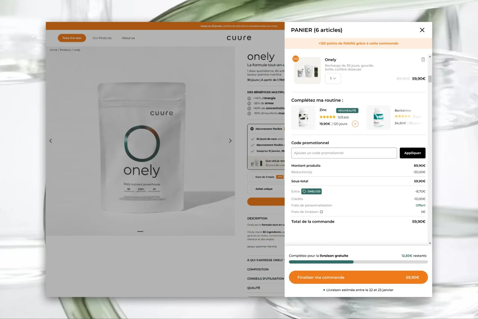 Refonte UX/UI de la page panier Cuure avec cross-sell, code promo et récapitulatif de commande optimisé pour la conversion