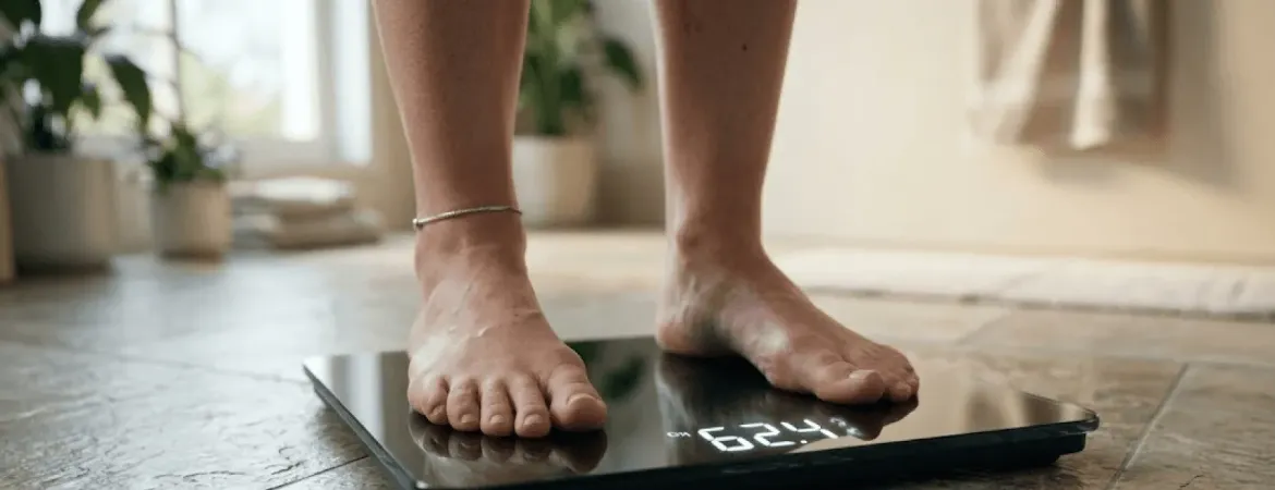 Person standing on a bathroom scale, with bare feet, in a well-lit room with plants in the background.