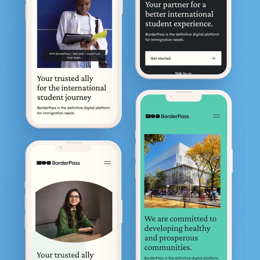 Mobile website design for BorderPass, tailored for international students, showcasing testimonials, community-focused initiatives, and a clean interface with images of campuses and students.