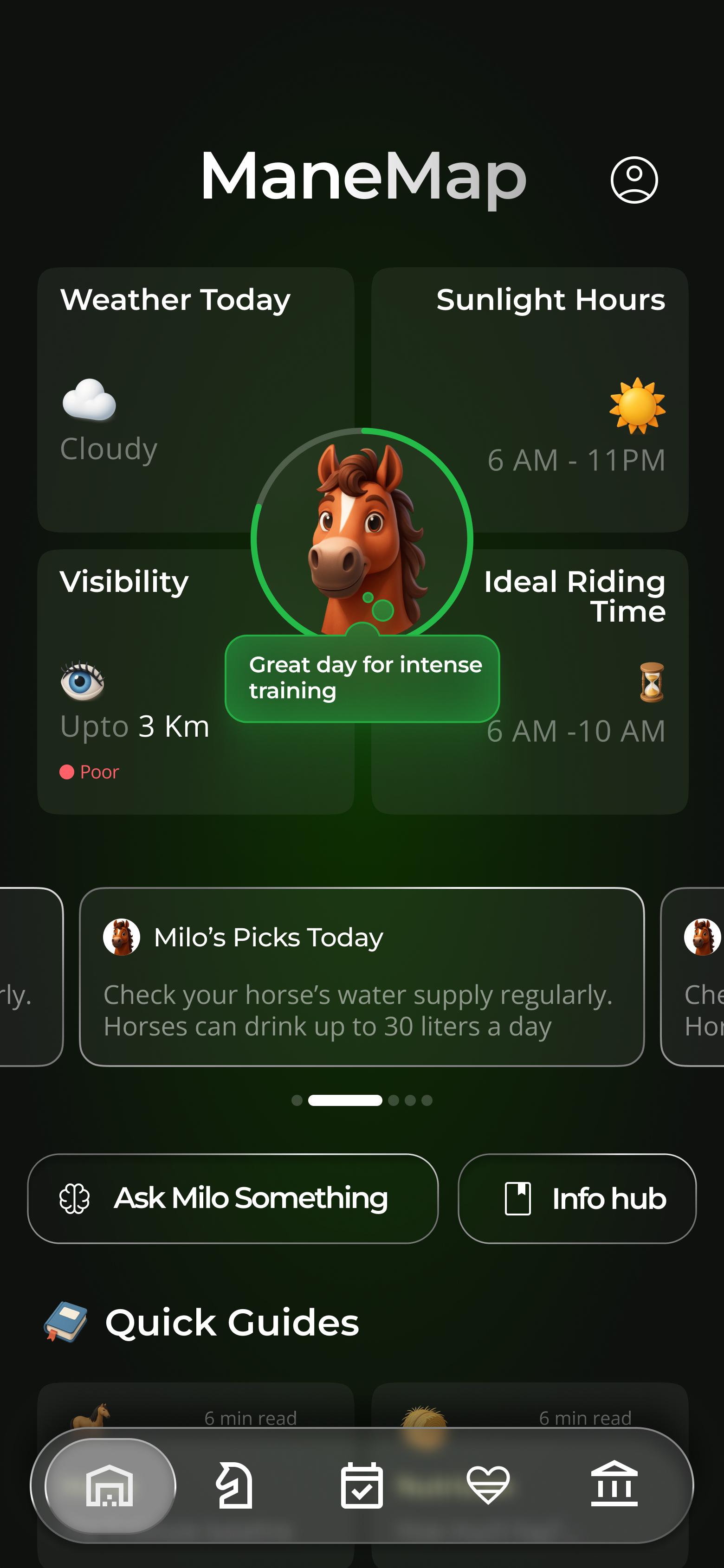 ManeMap App Interface mit Daily Tip und Wetteranzeige