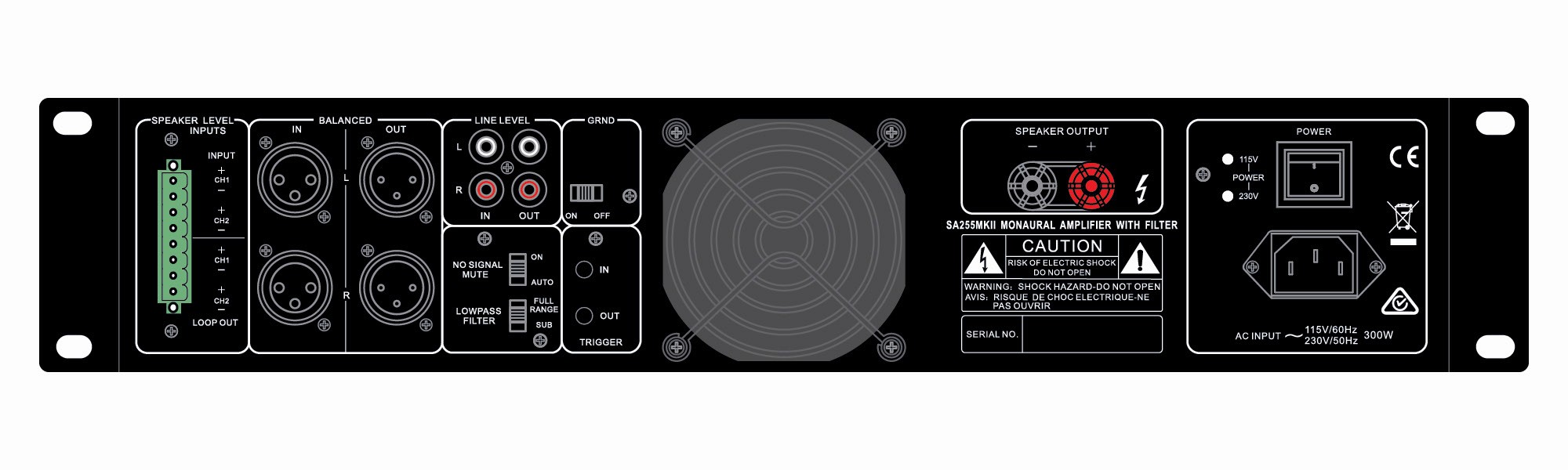 Amplifier back panel with speaker level inputs, balanced outputs, line level inputs/outputs, ground, fan, speaker output, power switch, AC input, and warnings.