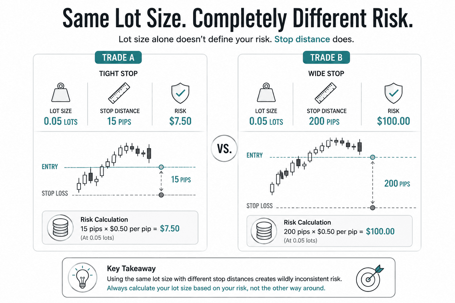 Comparison showing two trades using the same 0.05 lot position, one with a 15-pip stop risking $7.50 and another with a 200-pip stop risking $100, illustrating how stop distance changes total risk.