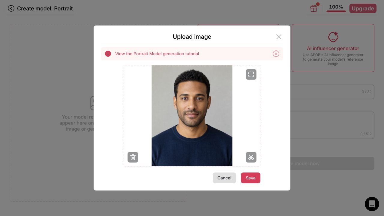 APOB Portrait Model uploader previewing a clear fictional adult reference with crop and delete controls