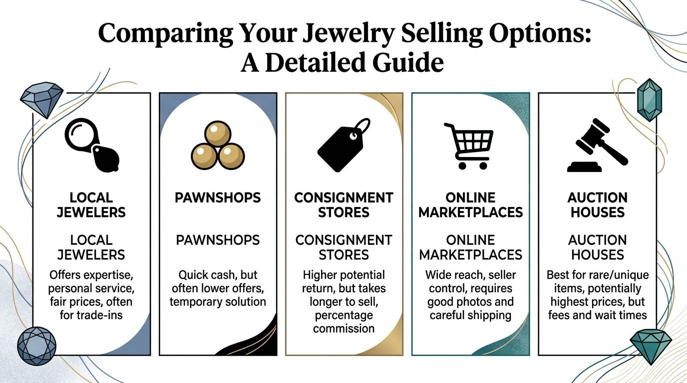 An infographic titled Comparing Your Jewelry Selling Options, listing pros and cons for five different sales methods.