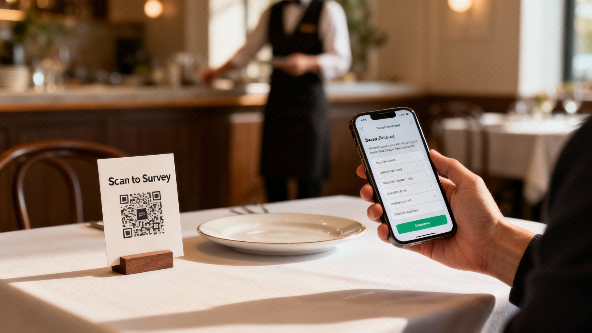 Hand holding a phone displaying a survey, next to a QR code for feedback in a restaurant.