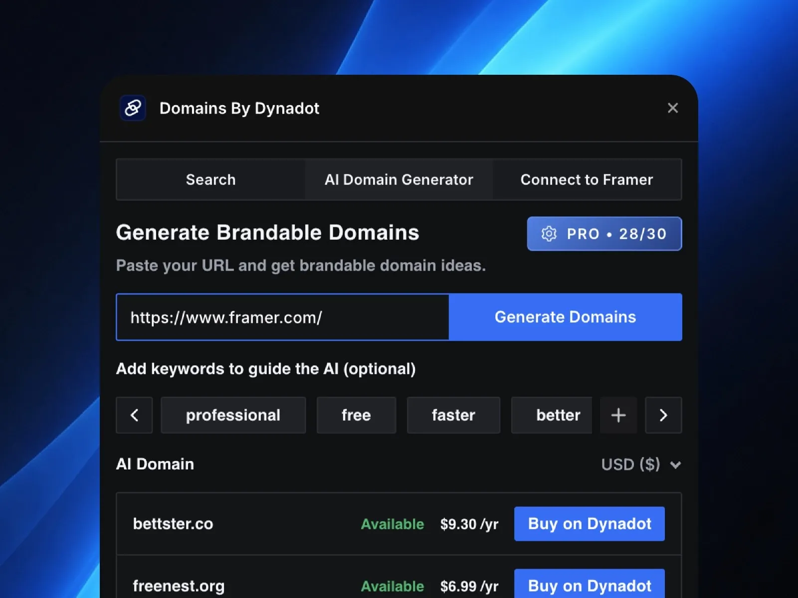 Domain generator interface displaying suggested domain names and prices.