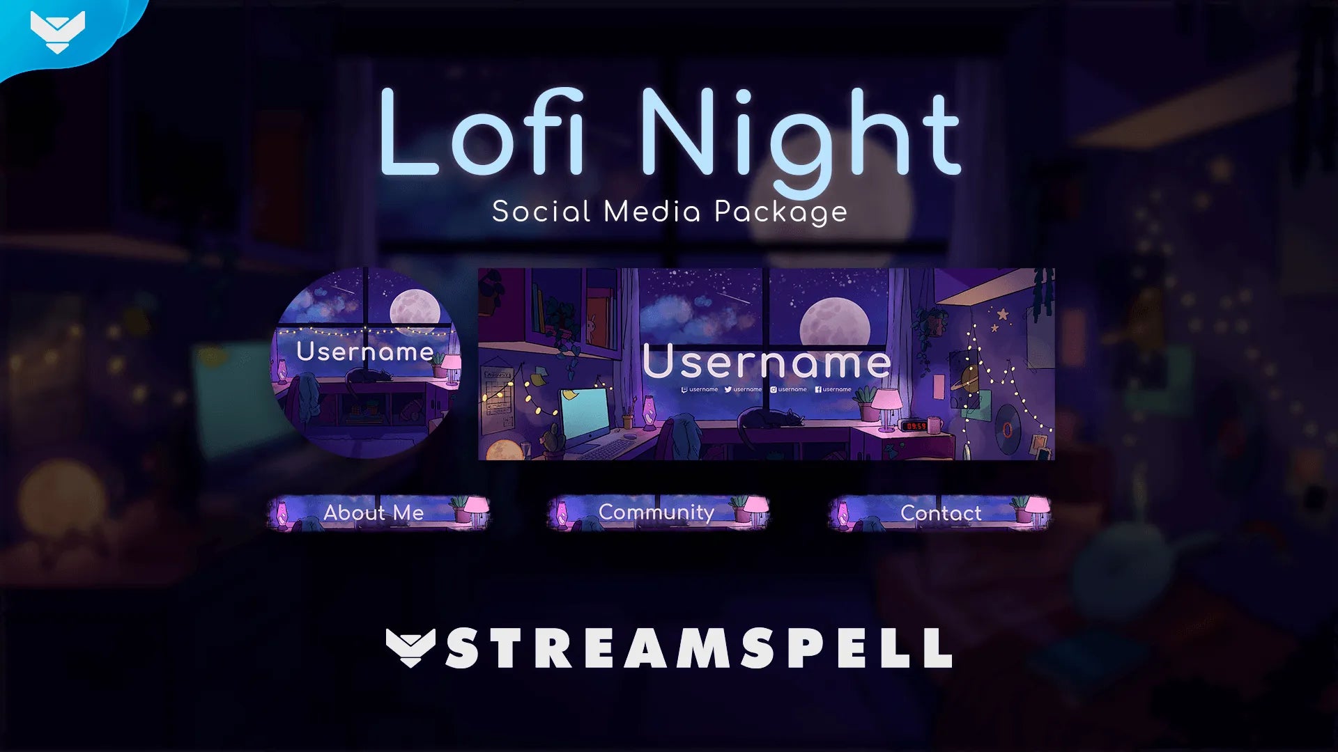 Lofi Night Social Media Package preview with profile image, social headers, and stream panels from the illustrated cozy bedroom theme.