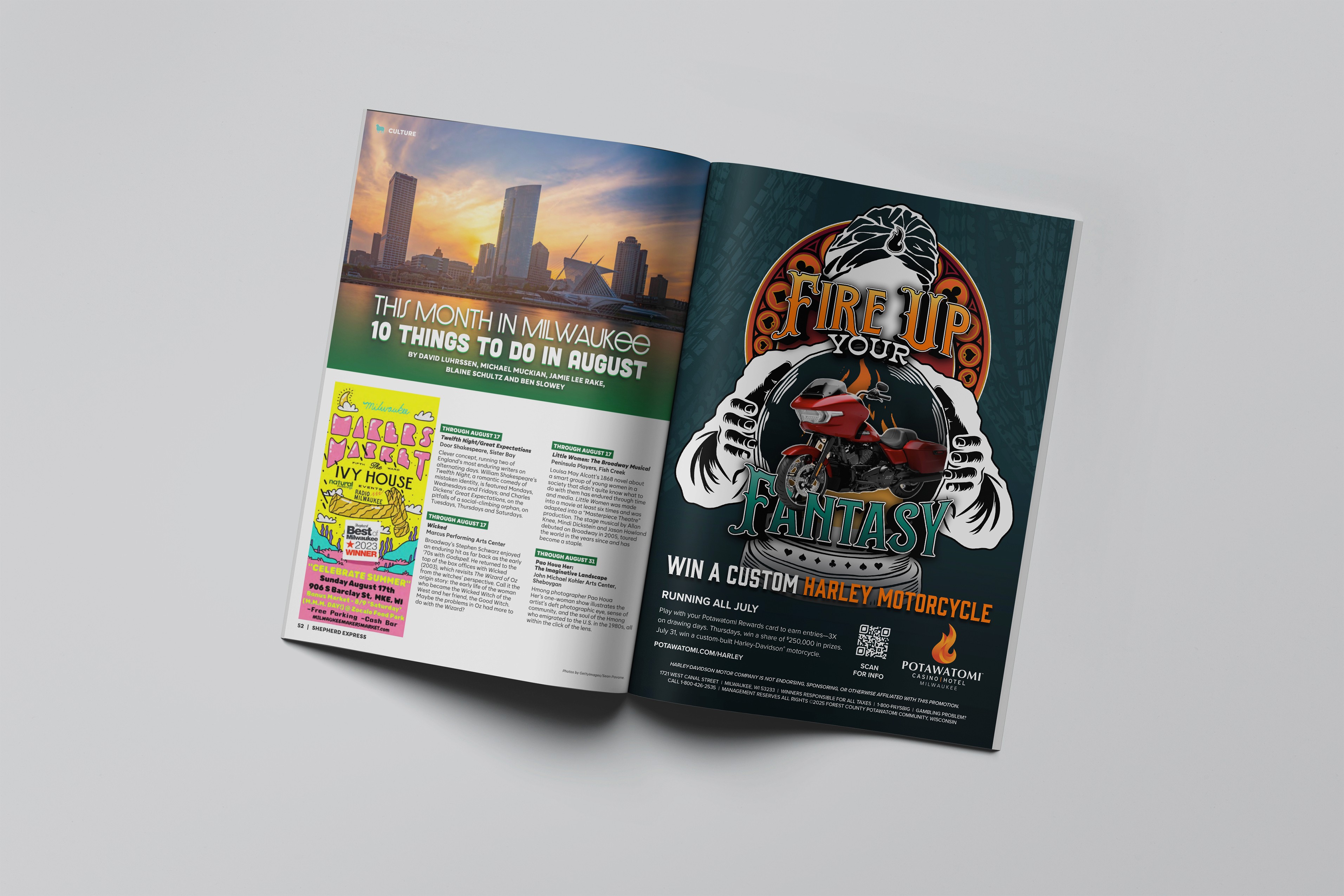Magazine open to page with "Fire Up Your Fantasy" print ad