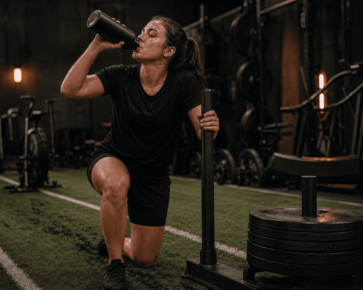 Athlete recovering and conditioning in a training facility.