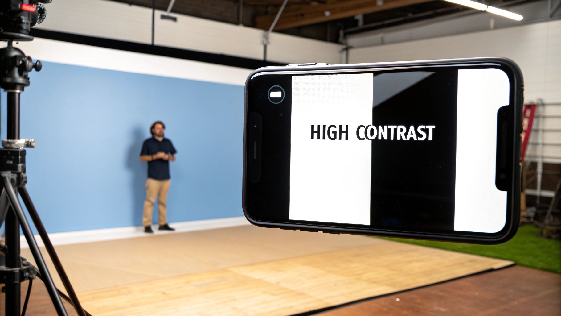 A smartphone displaying 'HIGH CONTRAST' in a studio with a person and a blue backdrop.