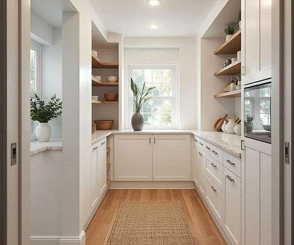 Modern shelving unit with decorative items and drawers.