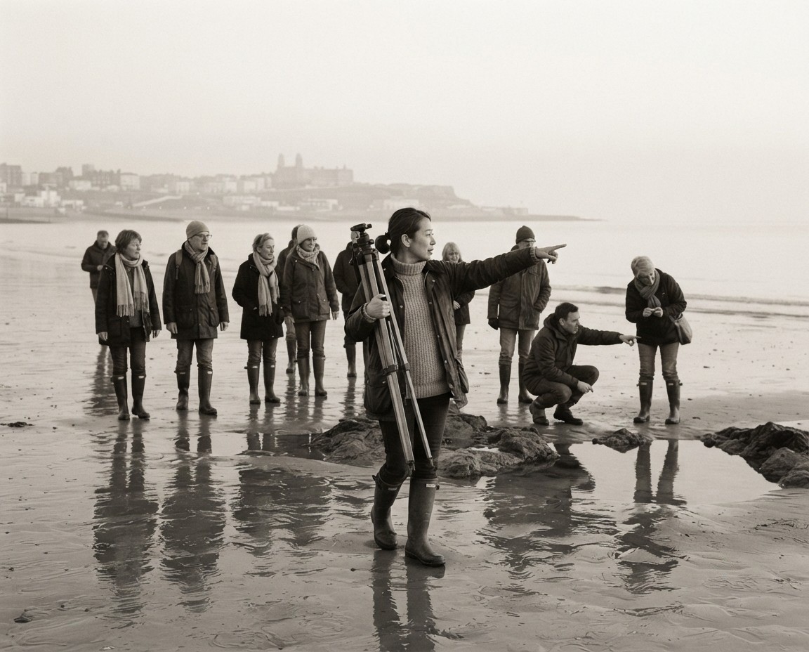 Mariko Hale leading a small group across the wet foreshore at low tide