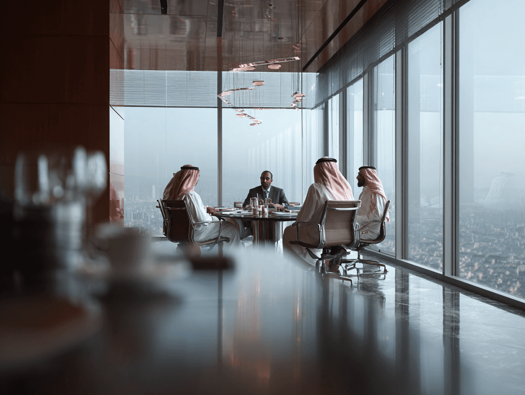 Business meeting between 3 Saudi Arabia Business men with forgien Business man, sitting on a round table  with veiw of saudi arabia landscapes and sky scrapers