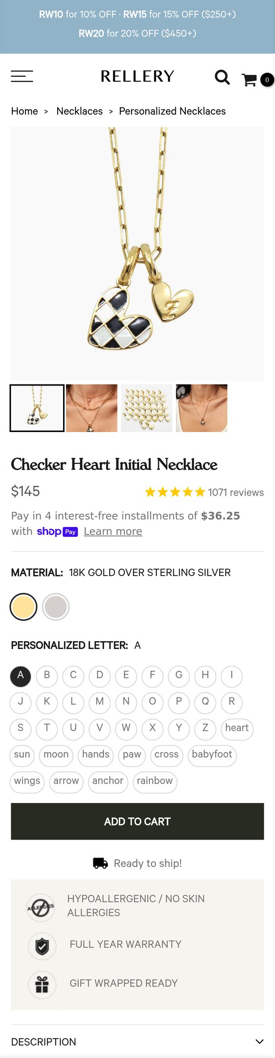 Jewelry product options include: necklace, bracelet, pendant, chain for Checker Heart Initial Necklace from Rellery.