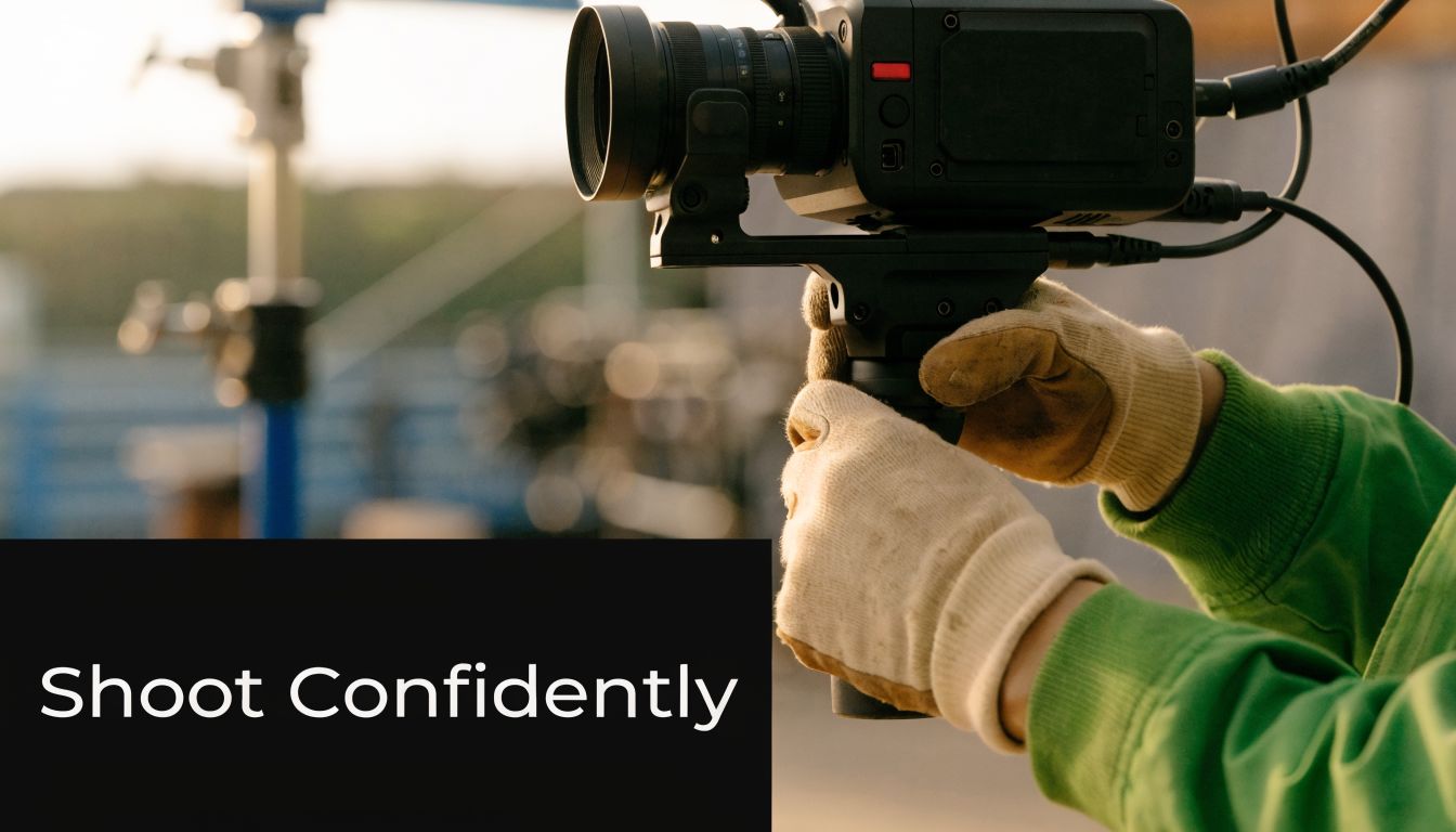 A professional filmmaker holds a high-end cinema camera with gloved hands while working on set.