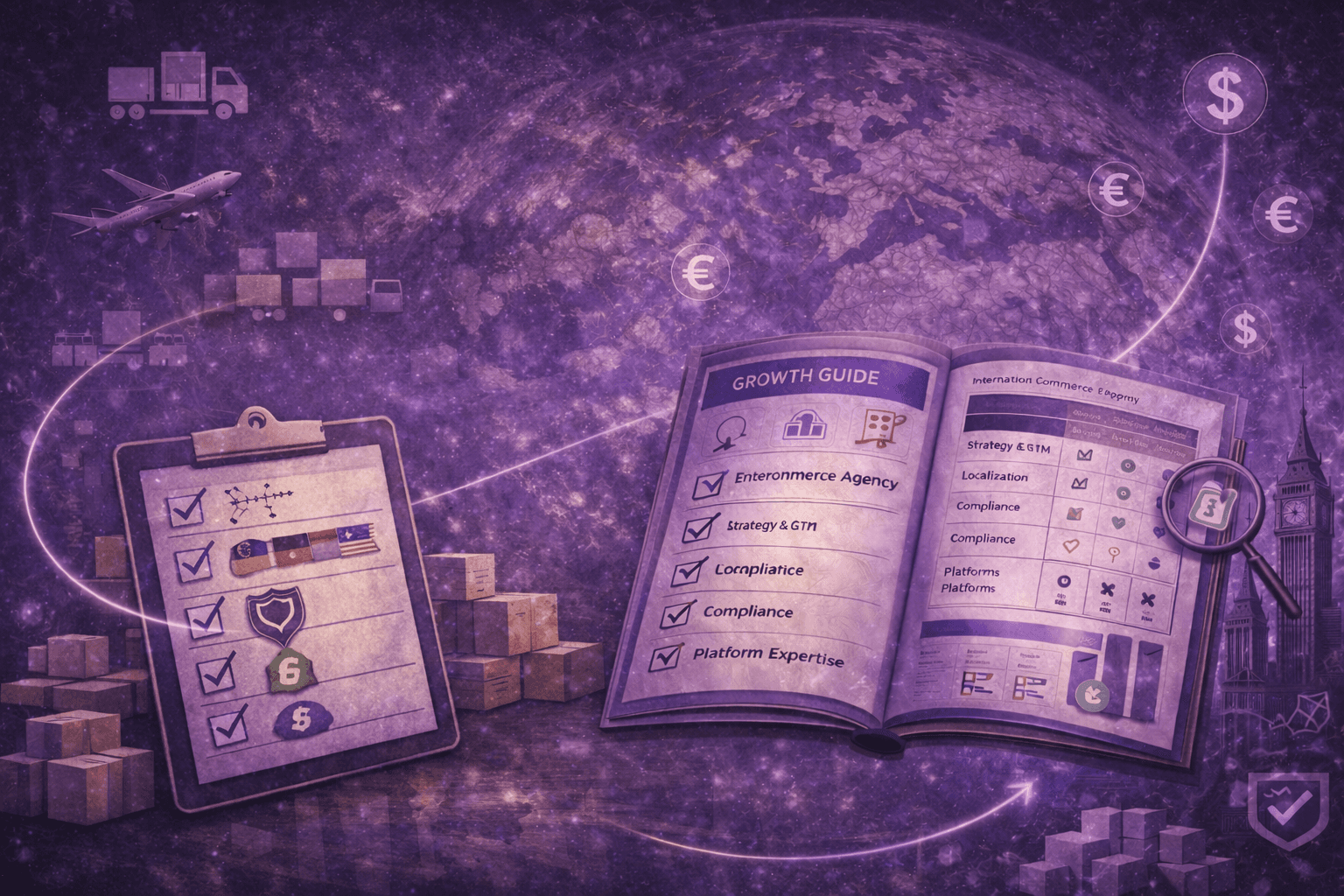 Illustration showing a structured guide to choosing an international ecommerce agency, highlighting compliance-aware execution, go-to-market strategy, localization across pricing, payments, and UX, with global ecommerce symbols and interconnected systems on a purple background.