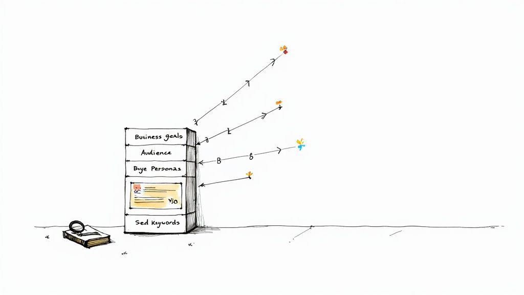 Stacked notebooks showing SEO keyword research framework with business goals, audience, buyer personas, and seed keywords