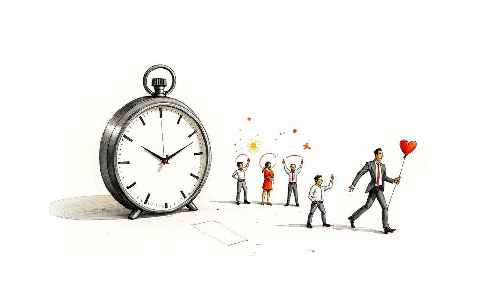 Gran reloj de bolsillo y personas celebrando con aros, mientras un hombre se marcha con un globo de corazón rojo.