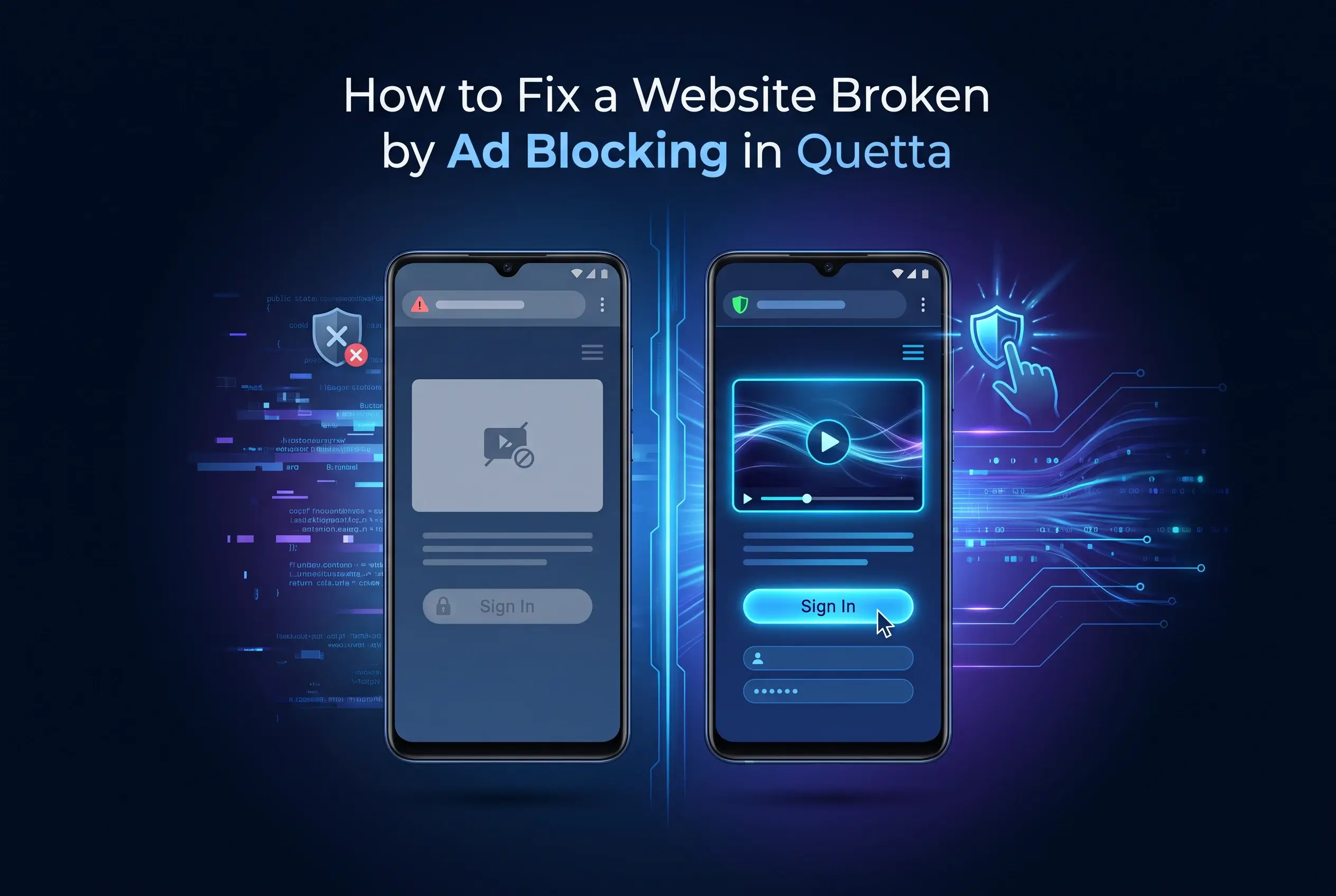 Website restored after adjusting Quetta ad-blocking protection on Android