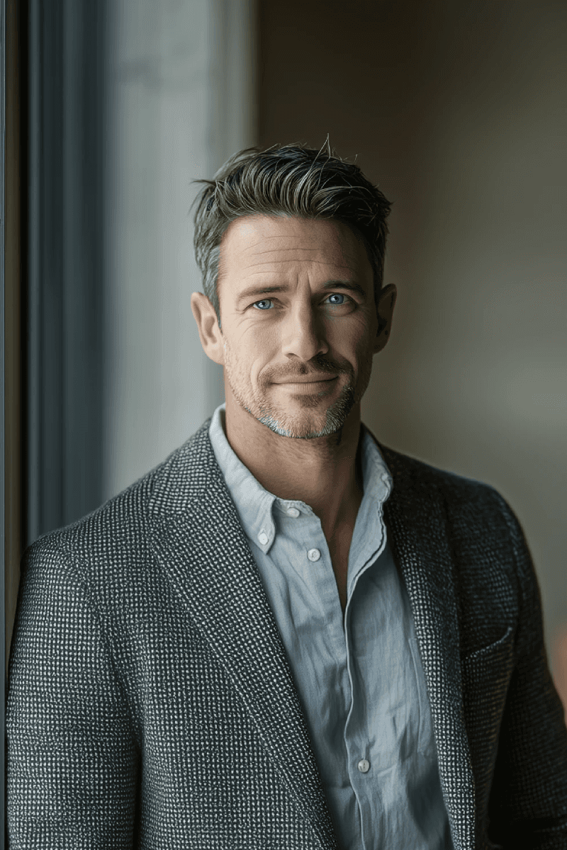 a man in a suit standing with his arms crossed