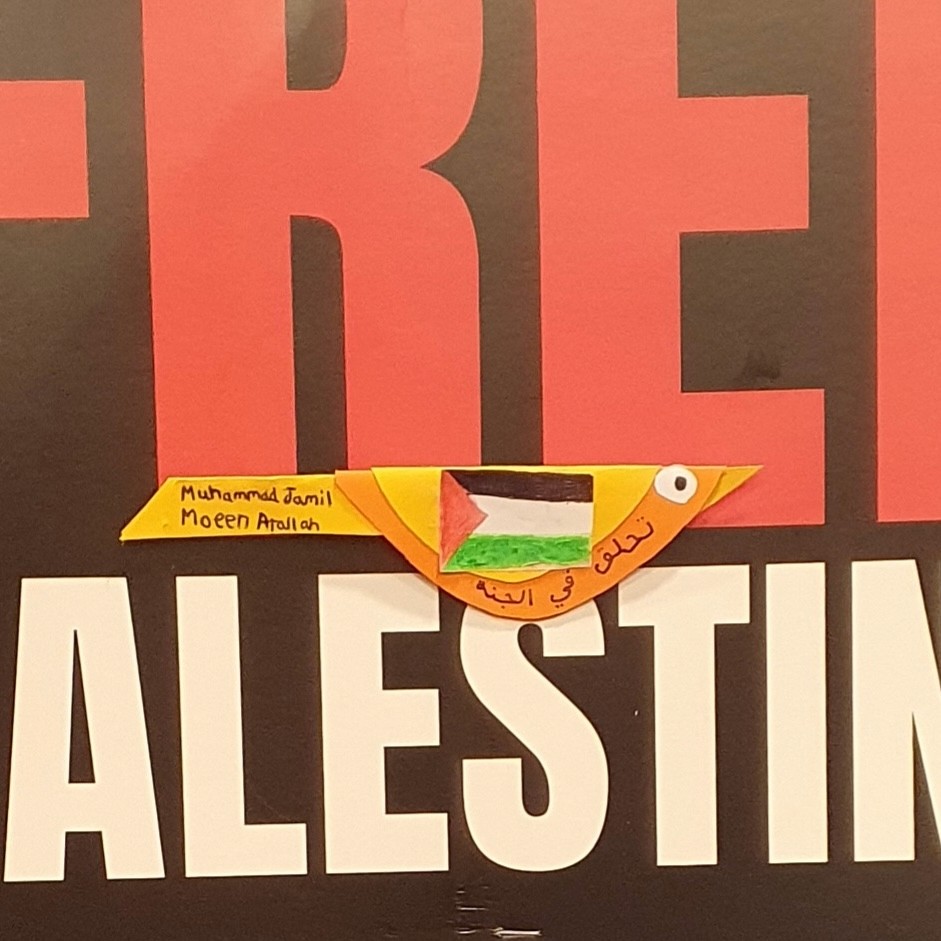 Handmade paper bird with a Palestinian flag in memory of Muhammad Jamil Moeen Atallah, 10, made by Muhammad Eesa, 10