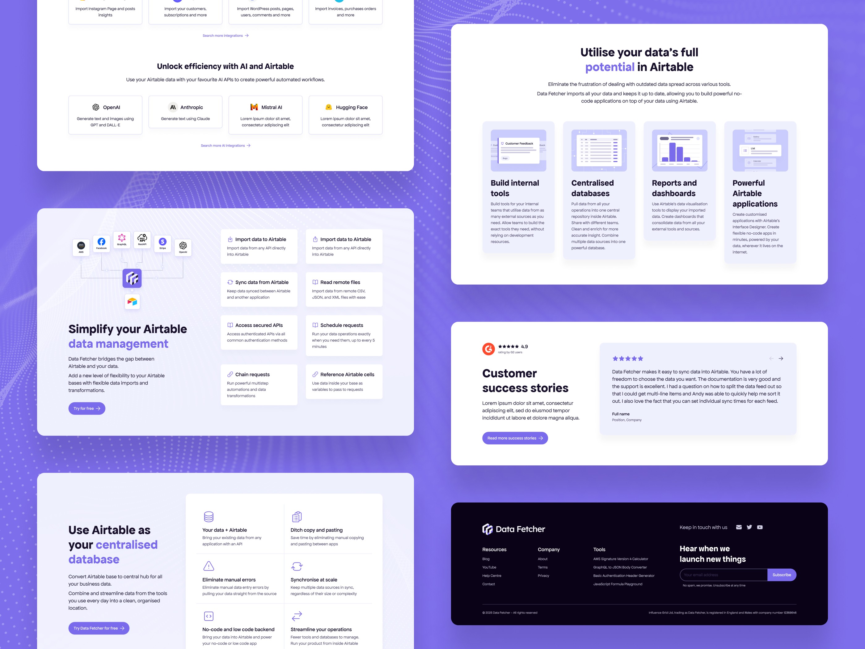 Homepage design sections including a list of API tools, data management functions, unique selling points of using the tool, functions of Data Fetcher, testimonials from real clients, and the website footer