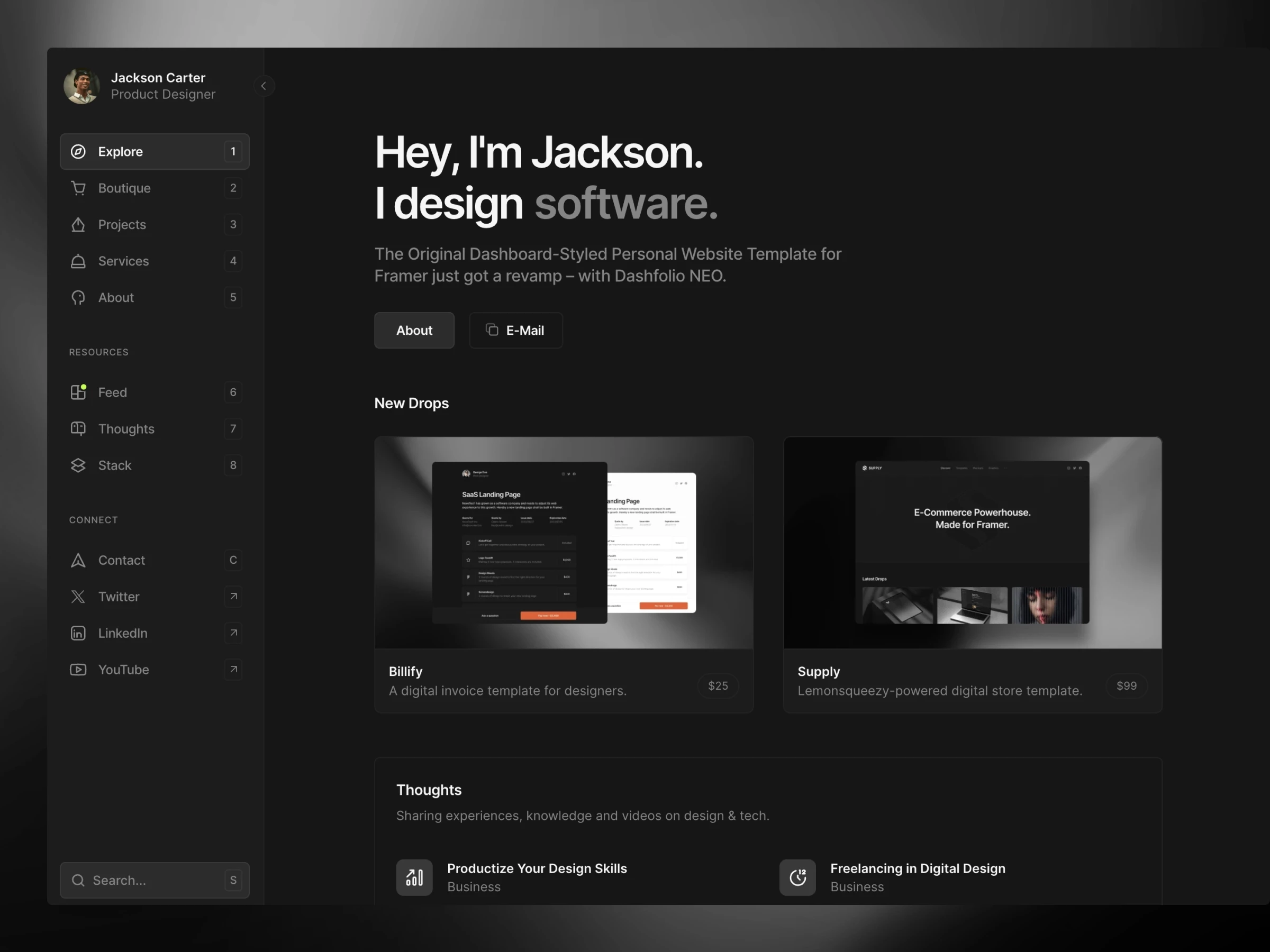 Dashfolio NEO Framer dashboard template