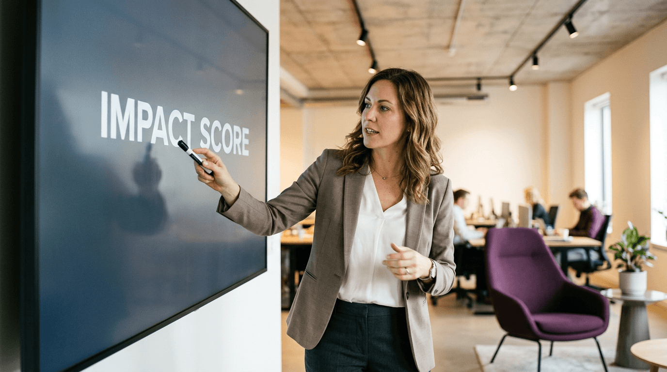 Communications professional pointing to the words "Impact Score" on a large wall display in a modern office with a purple accent chair in the background