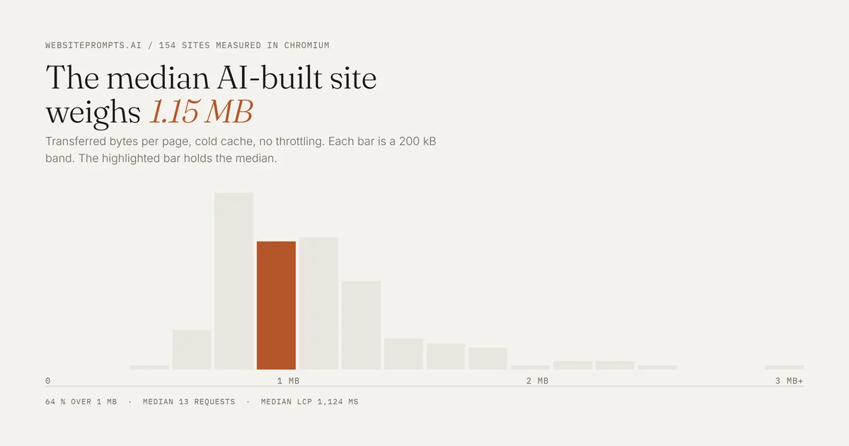 Bar chart of transferred page weight across 154 AI-built websites, with the median band of 1.15 megabytes highlighted