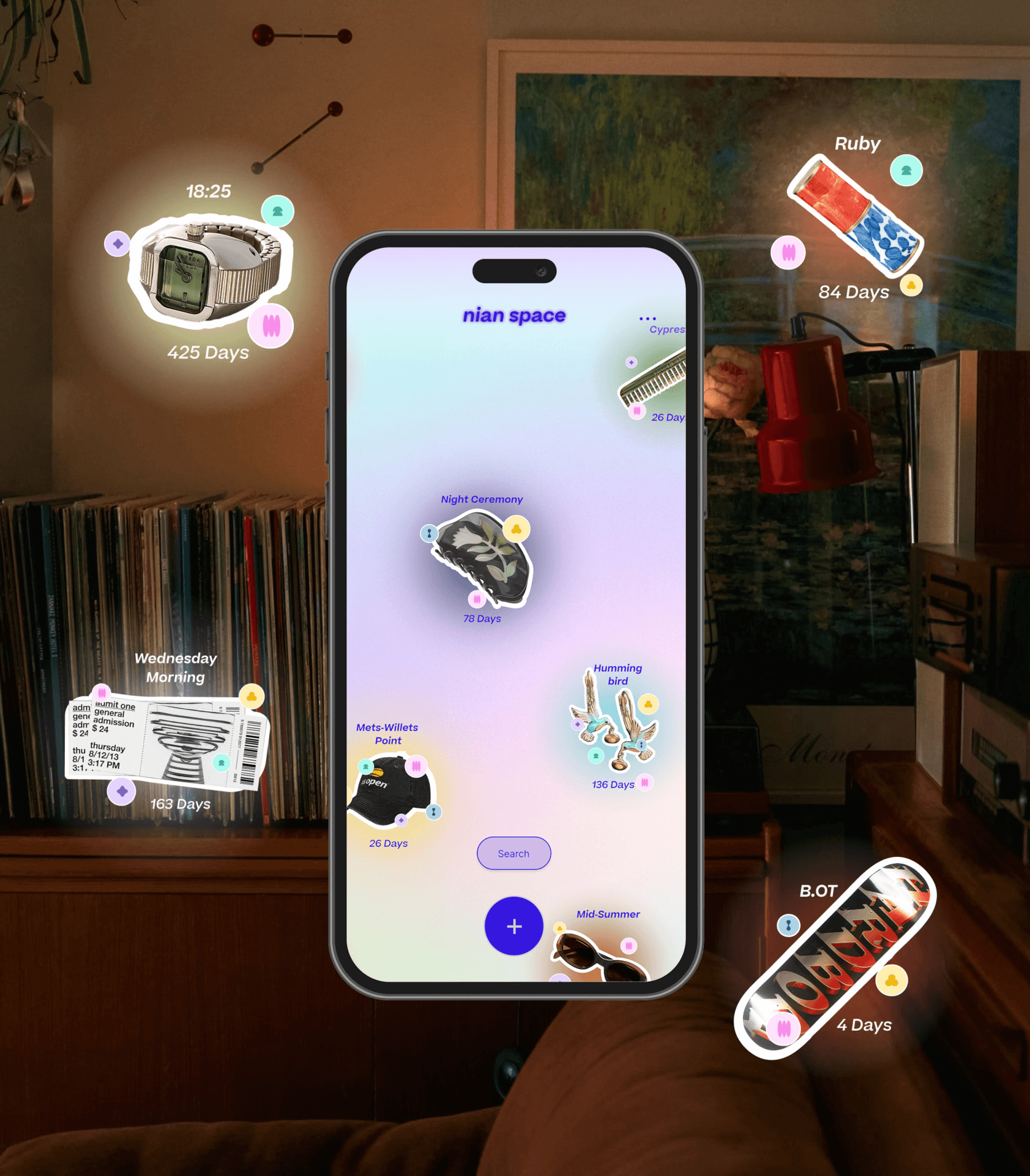 A smartphone displays the Nian Space app, showcasing a colorful interface with icons and labels for events like "Wednesday Morning," "Night Ceremony," "Hummingbird," and "Ruby." The app interface includes timestamps, durations, and visual representations of objects like books and a clock. The phone is positioned on a surface near a bookshelf, with a portion of a brown couch visible in the background.