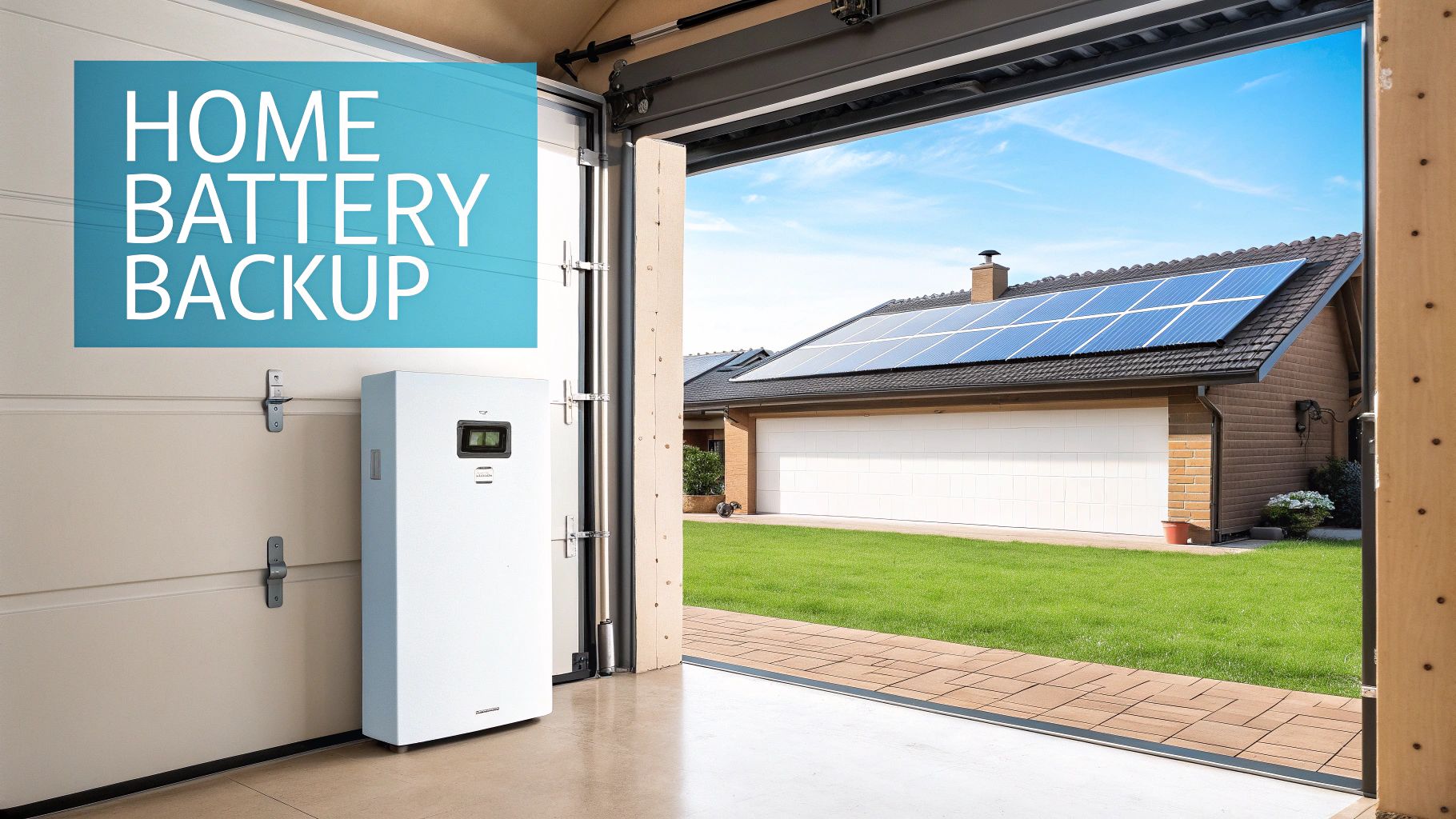 A home battery backup system inside a garage, with a house featuring solar panels outside.