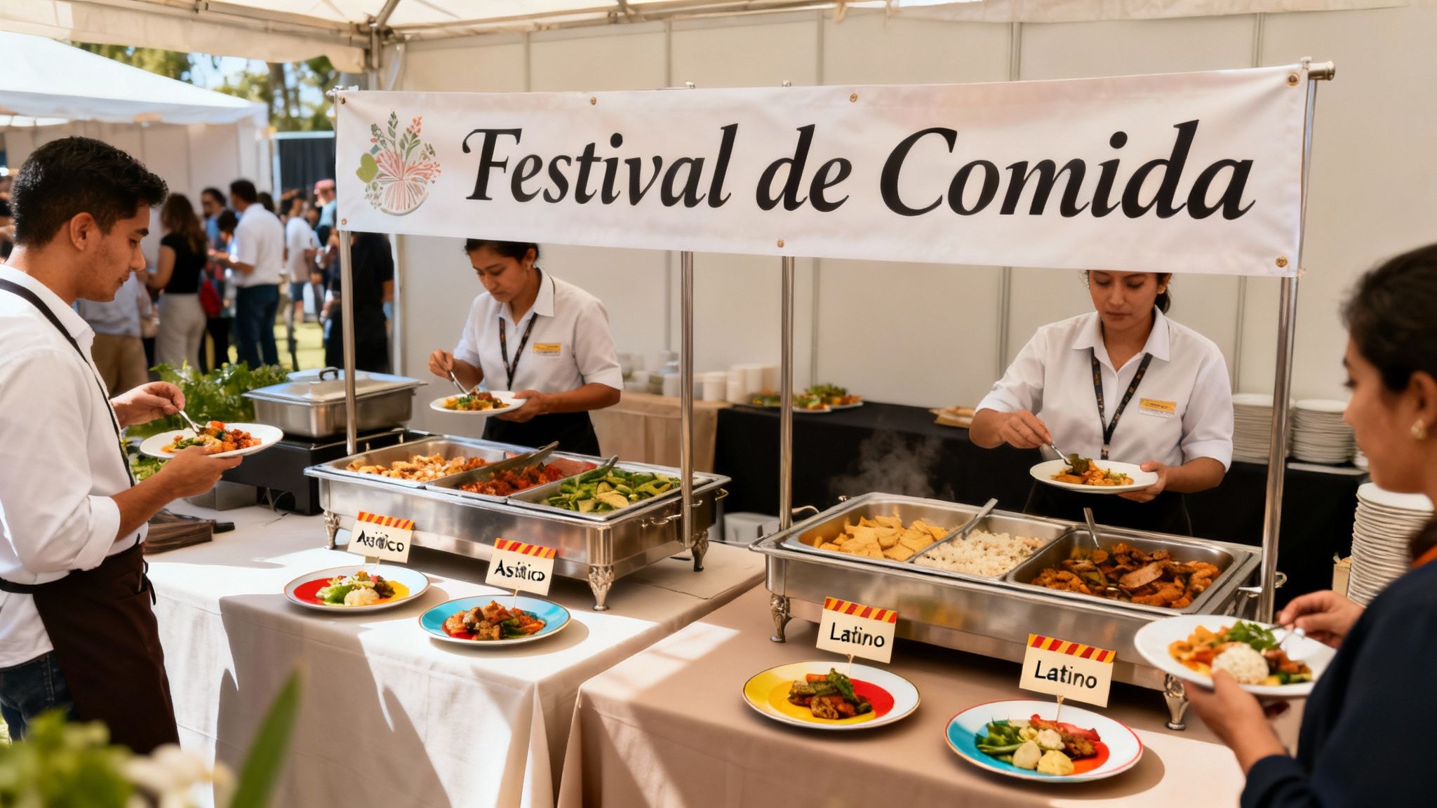 Gente sirviéndose comida variada de un buffet en un festival de comida al aire libre.