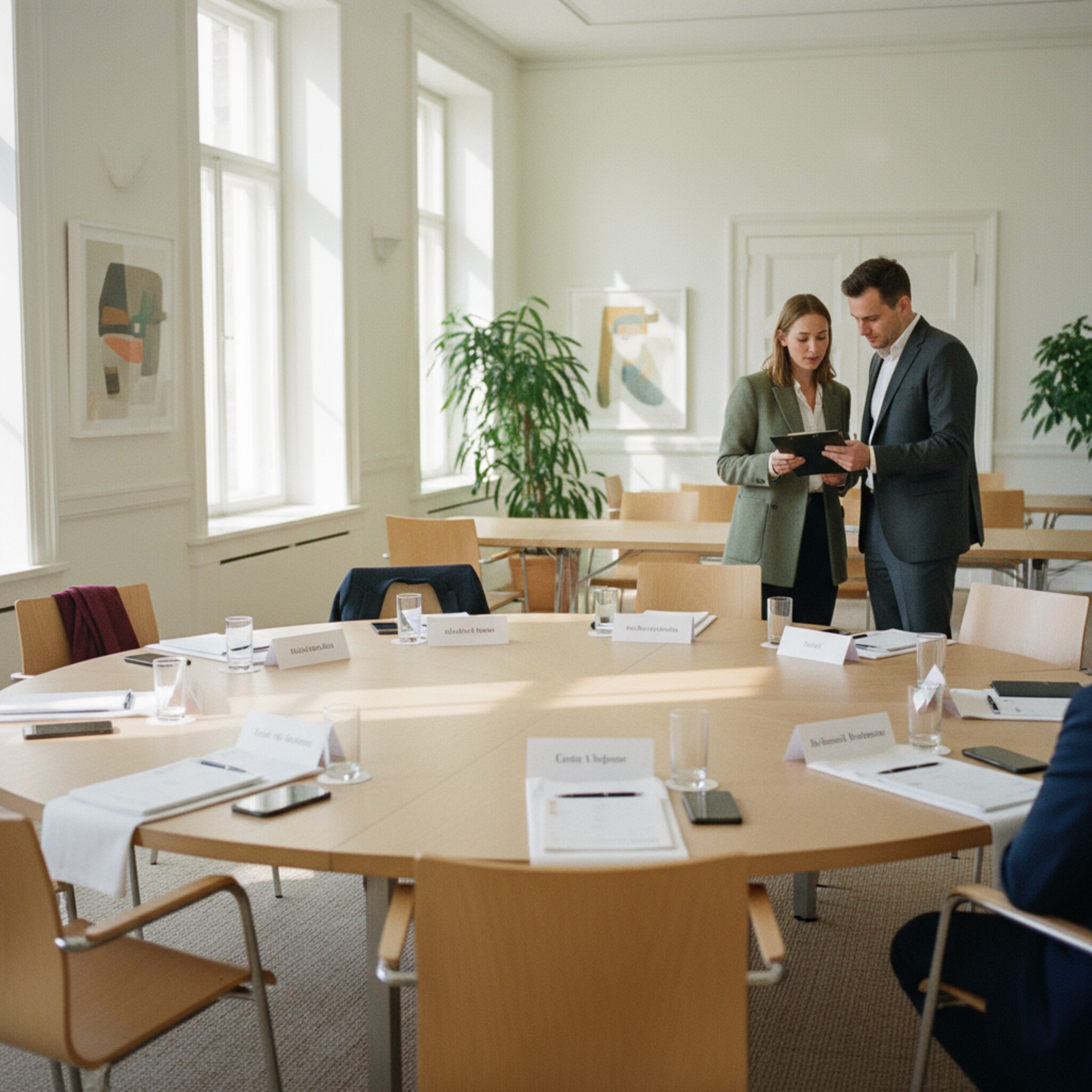 Ein runder Konferenztisch mit klar sortierten Sitzplatzkärtchen, daneben liegen nummerierte Stimmkarten. Ein Organisator prüft diskret eine Liste und spricht leise mit einer Kollegin. Man spürt, dass Stimmgewichte strukturiert hinterlegt sind. Die Atmosphäre ist ruhig und präzise.