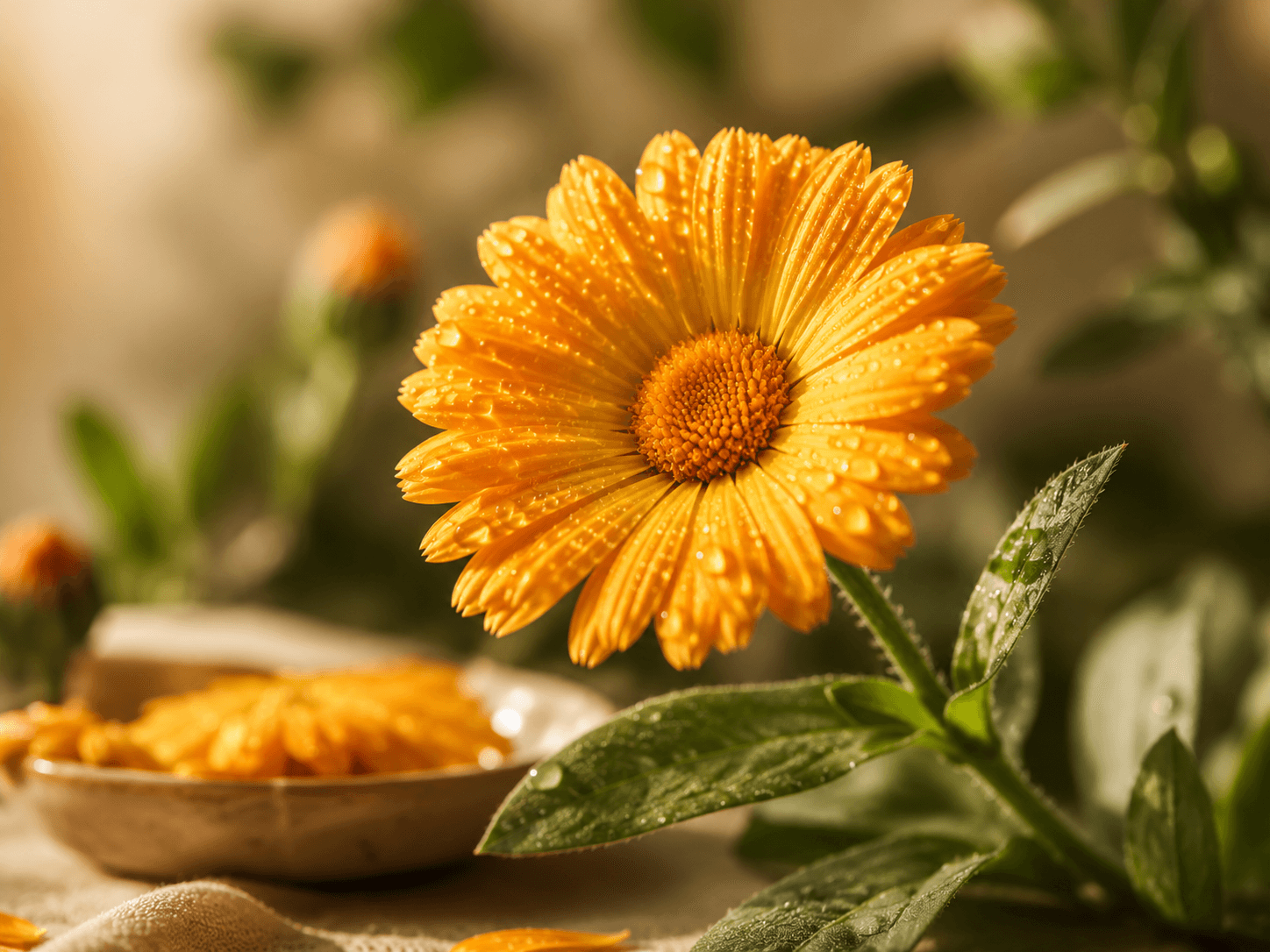 Close-up of a calendula flower with soft natural light and visible texture.
