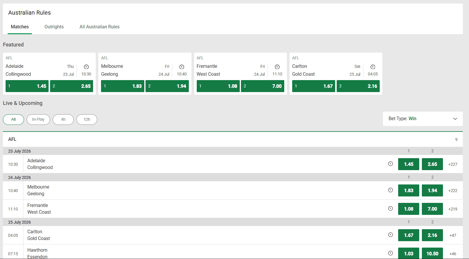 Australian rules market showing prices in decimal odds